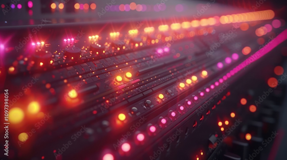 Leinwandbilder a close-up view of illuminated buttons and controls on a sound mixer or synthesizer.