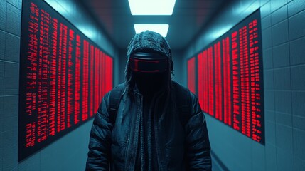 Hooded figure standing in a server room with glowing red data streams representing cybersecurity hacking and digital threats in a high tech environment