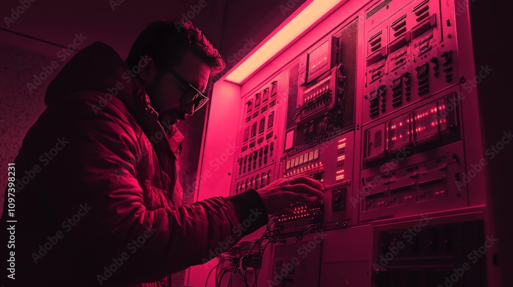 Poster technician in a magenta lit control room analyzing equipment symbolizing focus troubleshooting and t