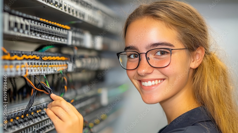 Poster smiling woman with glasses adjusting cables in a brightly lit server room symbolizing collaboration 