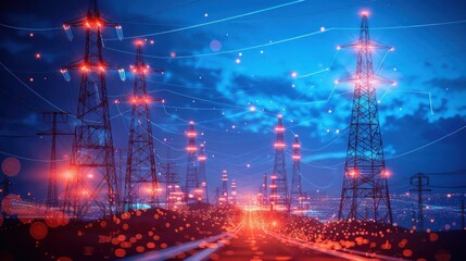 A nighttime scene of power lines and towers illuminated by colorful lights.