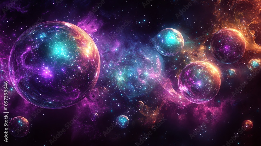 Poster a vibrant cosmic scene featuring colorful galaxies and floating spheres in a vast universe.