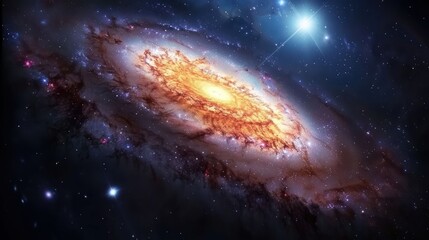 A vibrant galaxy with swirling orange and yellow patterns against a dark cosmic backdrop.