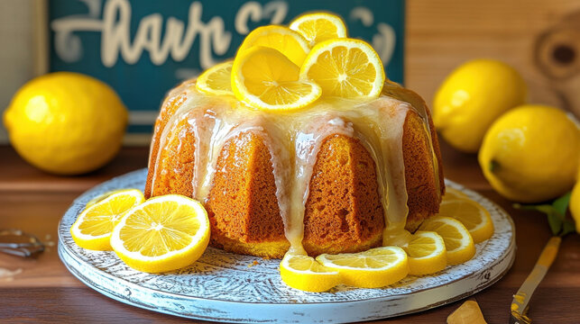 Bundt cake. A delicious lemon bundt cake topped with icing and garnished with lemon slices, served on a decorative plate, with fresh lemons in the background.