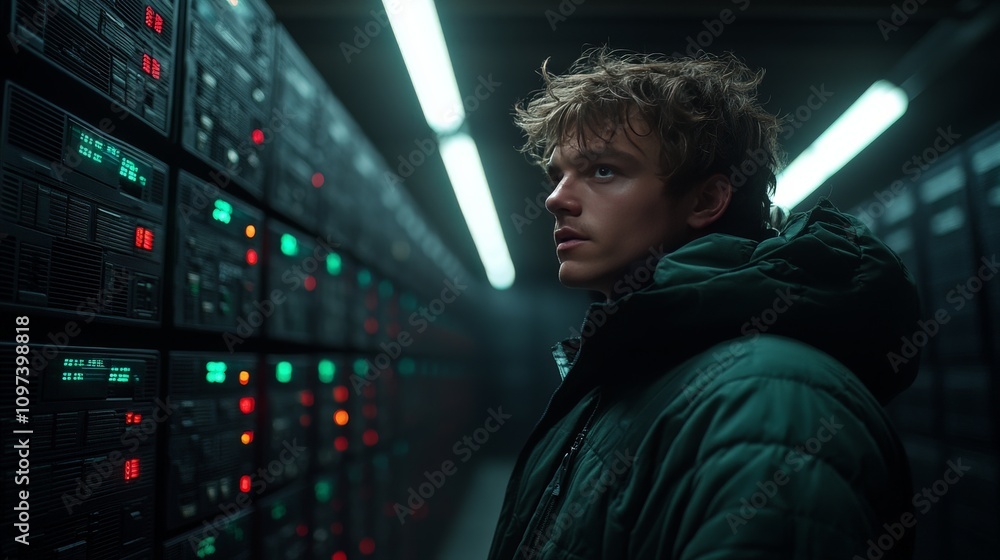 Poster man in a hoodie inspecting servers under green light symbolizing cybersecurity troubleshooting and d
