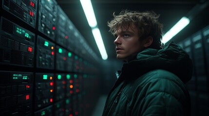 Man in a hoodie inspecting servers under green light symbolizing cybersecurity troubleshooting and data security in a modern server room
