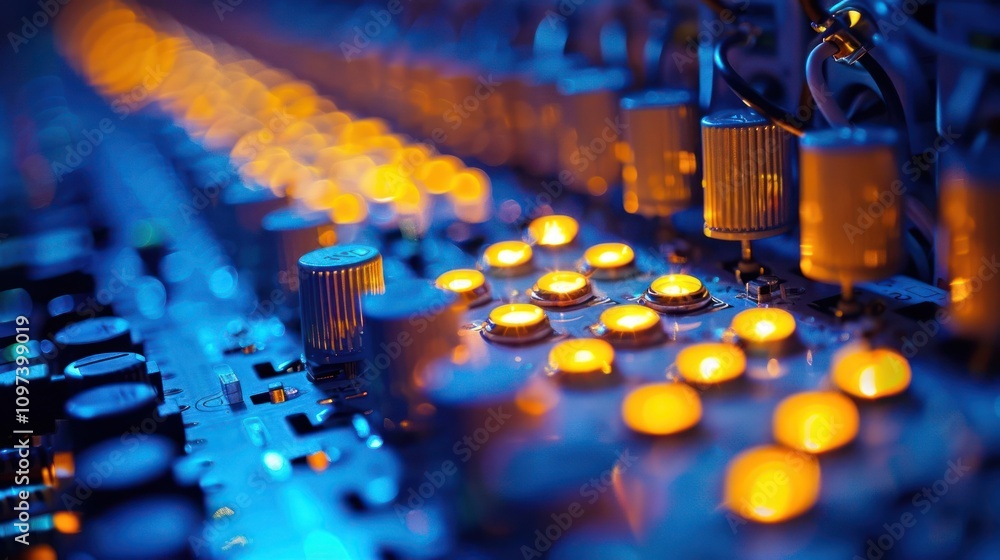 Poster a close-up of illuminated knobs and buttons on an electronic device, likely a synthesizer or mixer.