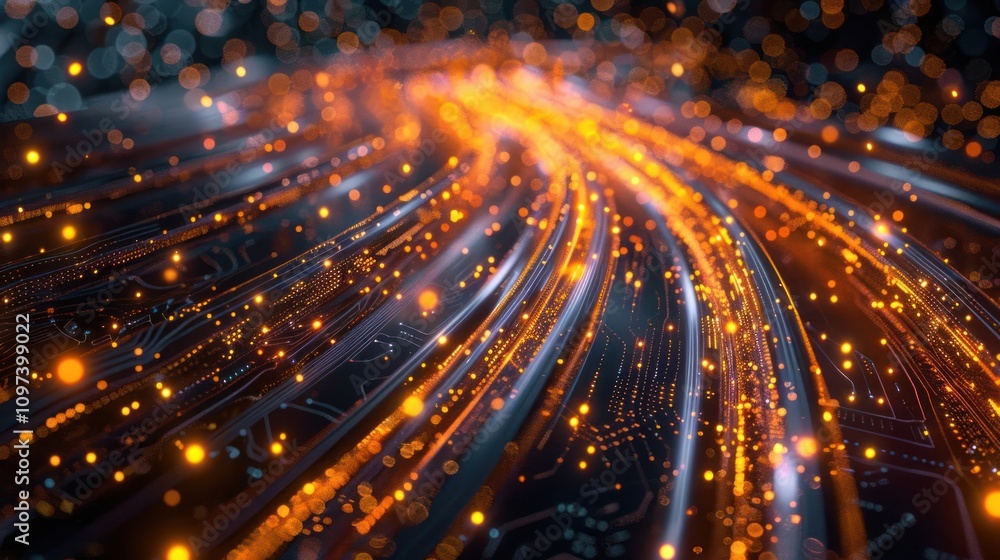 Poster abstract digital landscape with glowing lines and particles representing technology and data flow.