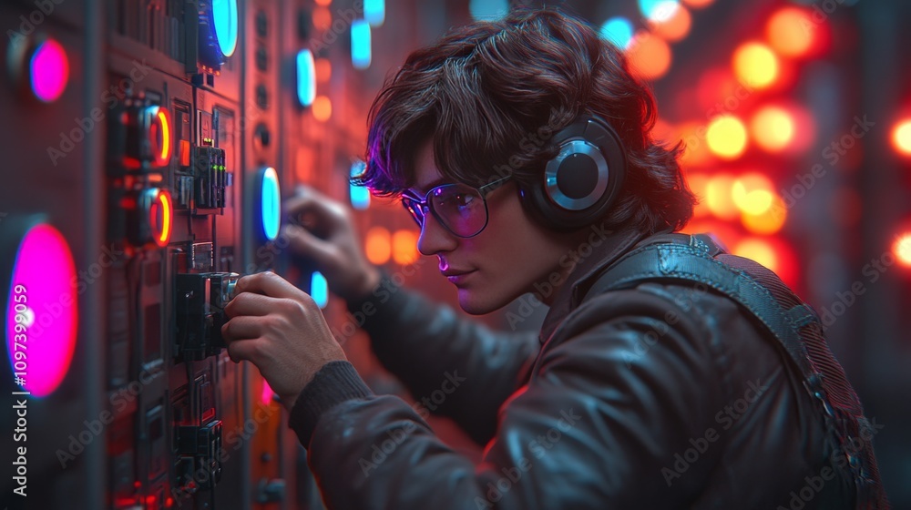 Poster young man in glasses analyzing data in a colorful neon lit room symbolizing focus innovation and cre