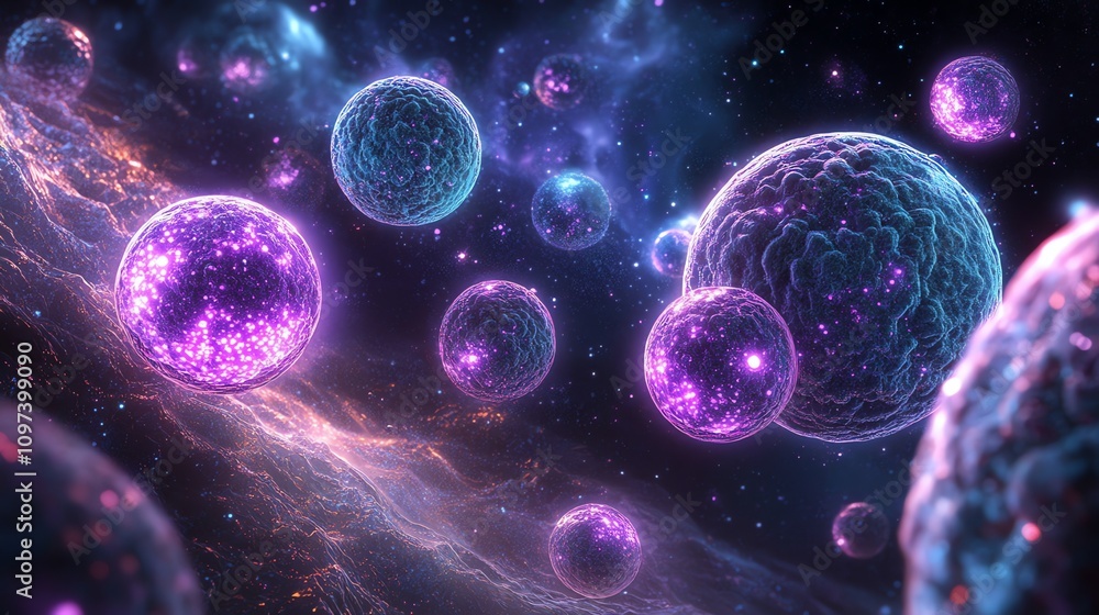 Poster a vibrant depiction of cosmic cells floating in a colorful space environment.