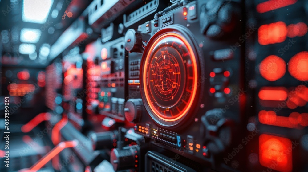 Poster a futuristic control panel with glowing red elements and intricate design.