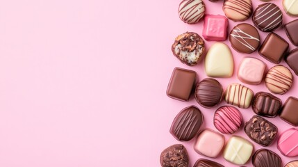 Obraz premium Chocolate Delights: A delightful assortment of gourmet chocolates arranged in a visually appealing pattern on a vibrant pink background, leaving space for text or branding. 
