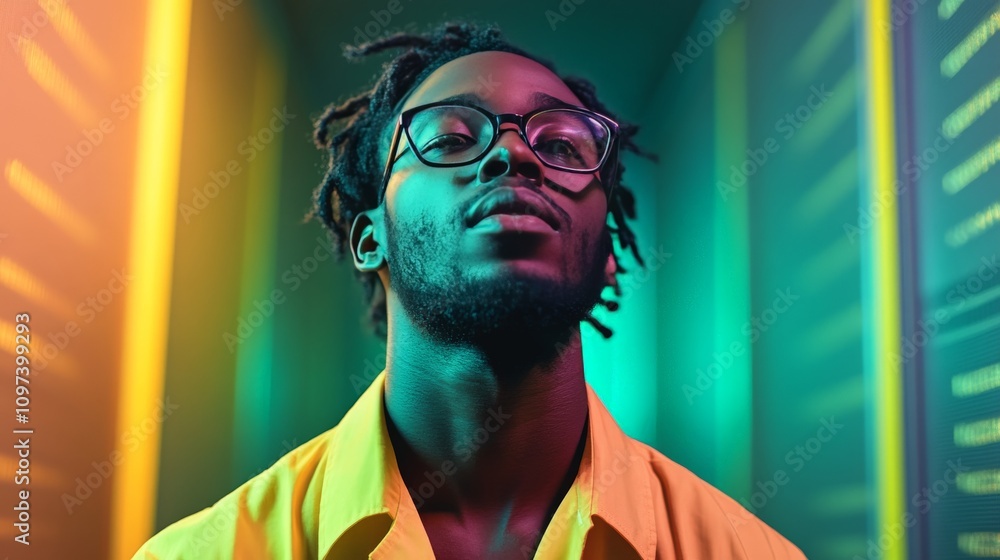 Poster man with dreadlocks in a vibrant green and yellow lit environment looking upward representing indivi