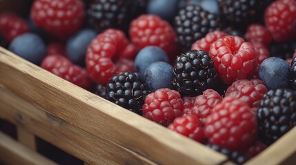 Capture a close-up of freshly picked berries in a wooden basket.