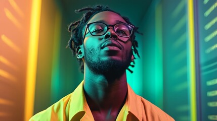 Man with dreadlocks in a vibrant green and yellow lit environment looking upward representing individuality modern style and creative expression in a technology inspired setting