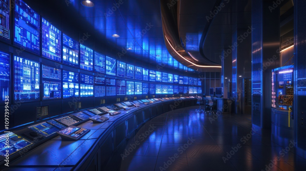 Poster a futuristic control room with blue lighting and multiple screens displaying data.
