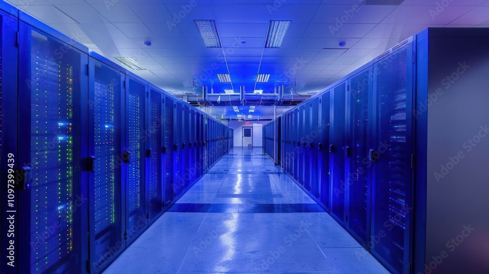 Poster a corridor lined with server racks illuminated in blue light, showcasing a data center.