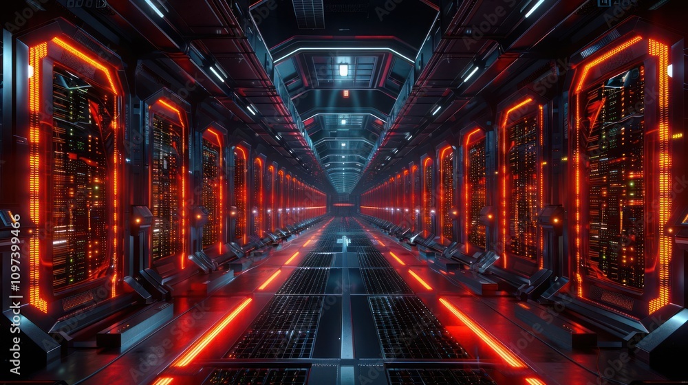 Poster a futuristic corridor lined with glowing servers, emphasizing a high-tech environment.