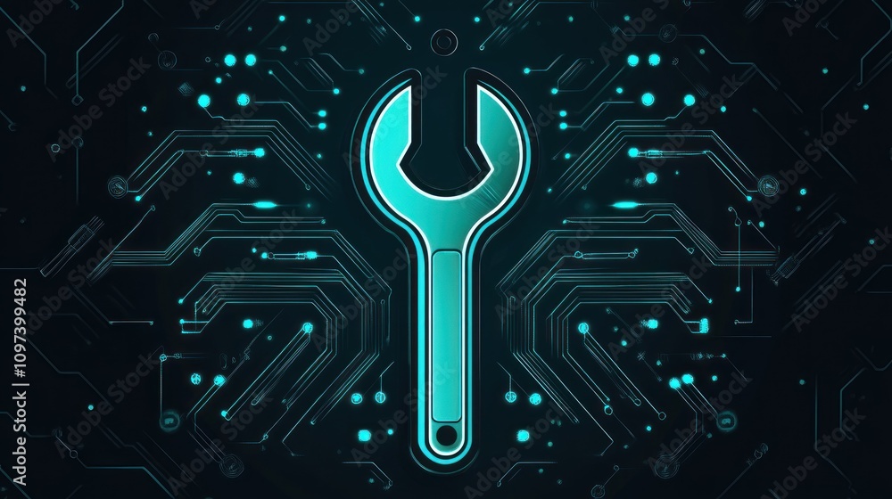 Poster create an emblem for a tech repair service, featuring a wrench and circuit board elements.