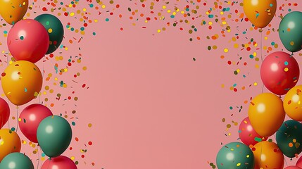 Celebration with Colorful Balloons and Confetti on a Pink Background for Festive retro Designs, Perfect for Parties and Special Events