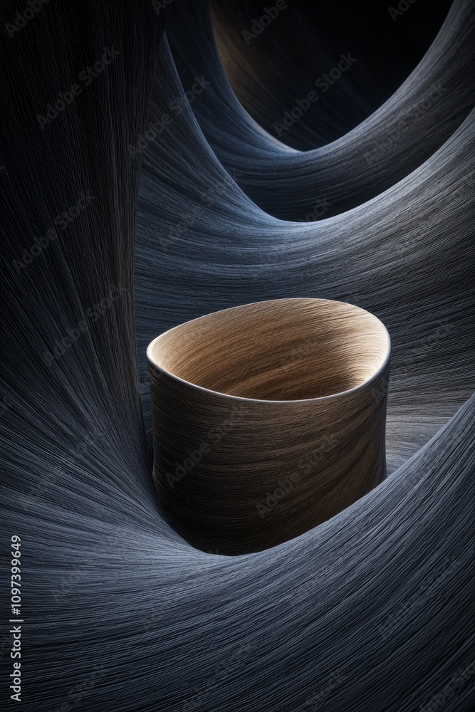 Poster Abstract Digital Artwork with Swirling Patterns and Wooden Bowl in Soft Lighting for Artistic Projects