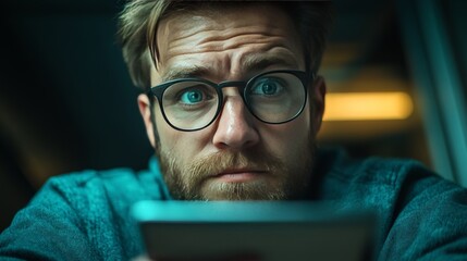 Bearded man sitting in a dimly lit room with glowing red monitors representing focus cybersecurity and advanced data analysis in a high tech environment