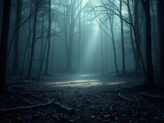 Obraz premium Forest clearing with fallen branches and leaves in a grunge blue background, fallen branches, overgrown vegetation, forest clearing, trees