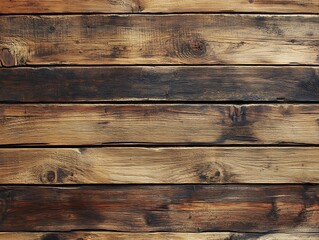 Fototapeta premium Aged wood texture with a rough surface and deep grain lines in various shades of brown and black, showcasing natural imperfections and rustic characteristics.