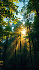 Obraz premium Forest landscape with a vibrant green canopy displaying a radiant blue sky and sunbeams peeking through heart-shaped gaps , blue, heart shape, sky