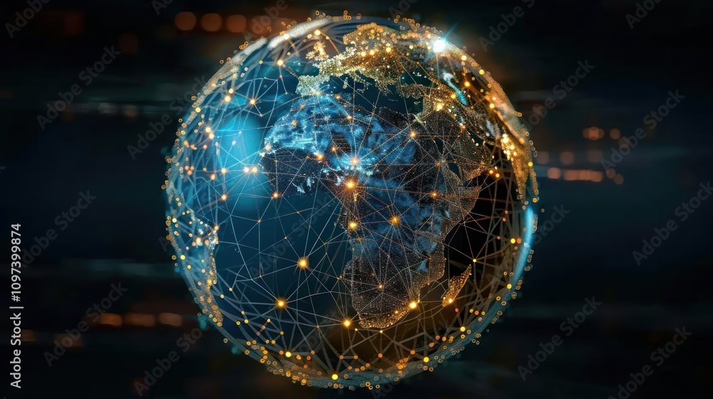 Poster a digital globe connected by networks of lights, representing global connectivity and technology.