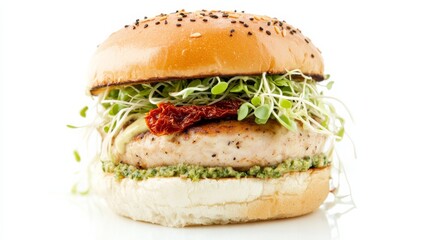 A gourmet turkey burger with avocado, sprouts, sun-dried tomatoes