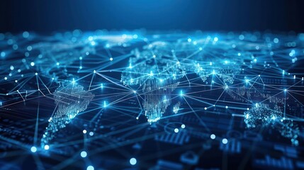 A digital representation of a global network with interconnected nodes and data visualization.