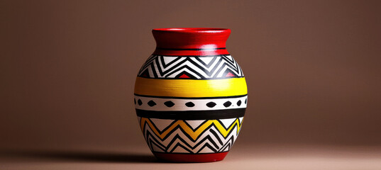 Colorful clay pot with traditional African patterns on brown background