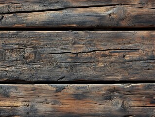 Naklejka premium Aged wood texture with a rough surface and deep grain lines in various shades of brown and black, showcasing natural imperfections and rustic characteristics.