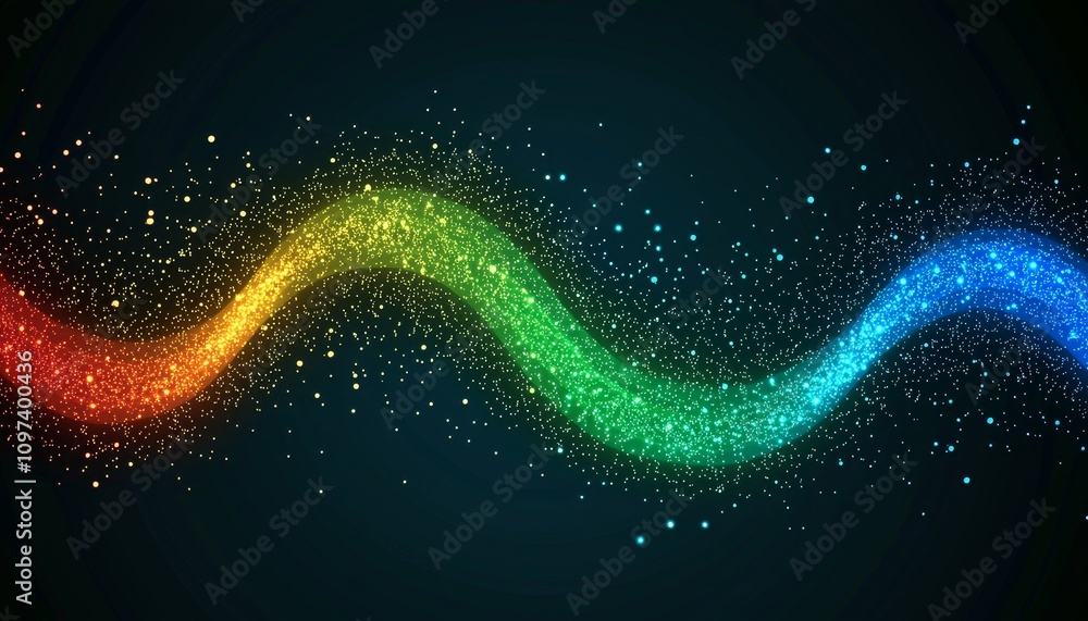 Poster luminous abstract gradient in dynamic spectrum of colors with sparkling particles on dark background