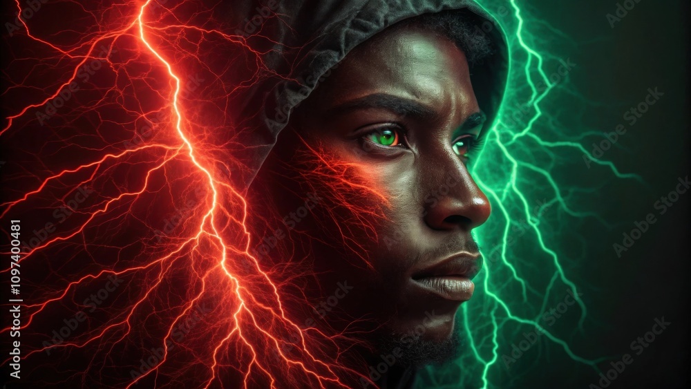 Poster a mesmerizing image features a face with vivid multiple exposures showcasing bright reds and electri