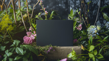 Mockup background for black card or invitation in a room of soft lighting, flowers, and greenery. Contemporary and sophisticated look to showcase a product. Great for marketing, promotion, or event. 
