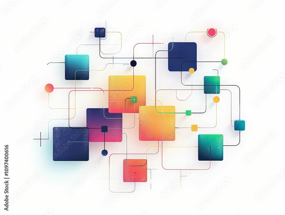 Poster abstract design featuring interconnected colorful squares and lines, conveying a sense of technology