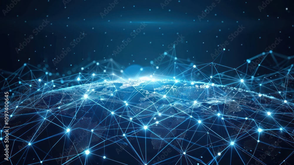 Poster a digital representation of a connected world, showcasing data networks across the globe.