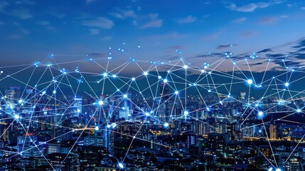 A digital network overlay on a cityscape, representing connectivity and technology.