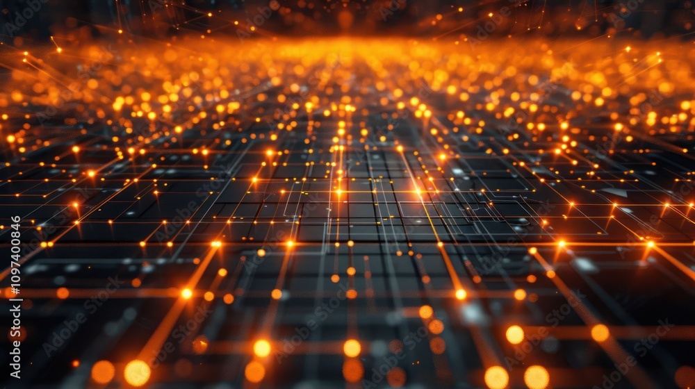 Aufkleber a digital landscape with glowing particles representing technology and data flow.