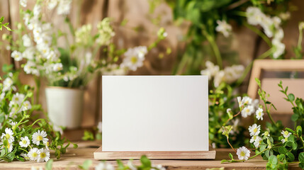Mockup background for white card or invitation in a room of soft lighting, flowers, and greenery. Contemporary and sophisticated look to showcase a product. Great for wedding, birth, or event. 
