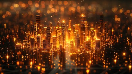 Fototapeta premium A glowing cityscape with shimmering lights and a digital feel.