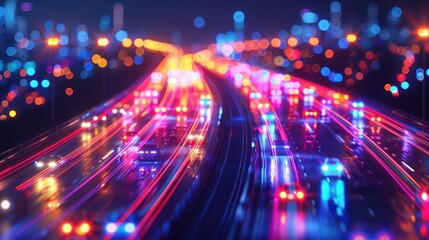 Fototapeta premium A vibrant night scene of a highway filled with moving vehicles and colorful lights.