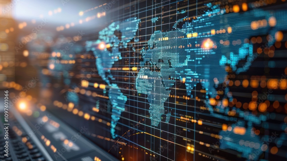 Poster digital world map with data overlays, symbolizing global connectivity and technology.
