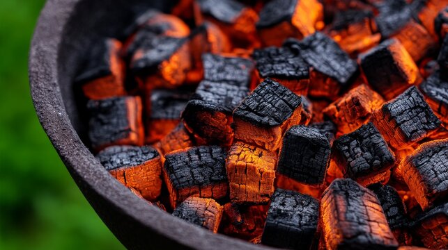 Hot Coals Ready to Grill: A close-up shot of glowing red-hot coals in a black charcoal grill, ready for grilling, with a blurred green background.  A fiery.