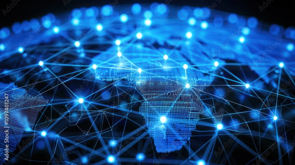 Poster digital representation of a global network with interconnected nodes and continents.