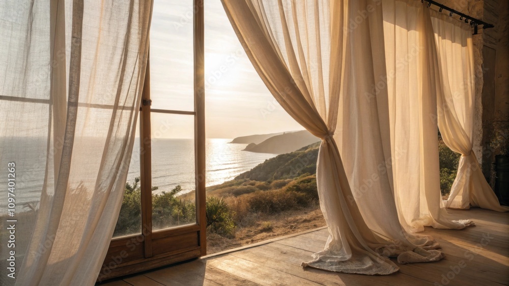Poster soft linen curtains flutter gently with the breeze providing a sense of tranquility and enhancing th