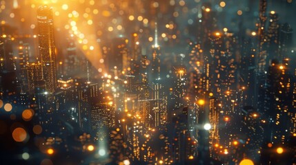 A vibrant cityscape illuminated by glowing lights, creating a futuristic atmosphere.