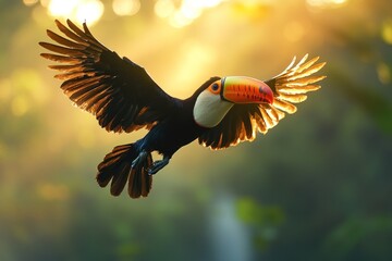 Toco Toucan in Flight Golden Sunlight Rainforest